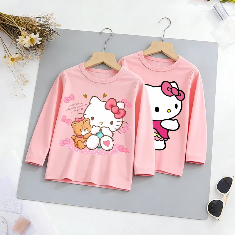 

Cute Kitty Pink Girls Streetwear T-shirt Sanrio Anime Kids Thin Pullover Clothes Y2K Kawaii Long Sleeve Game Party Birthday Gift