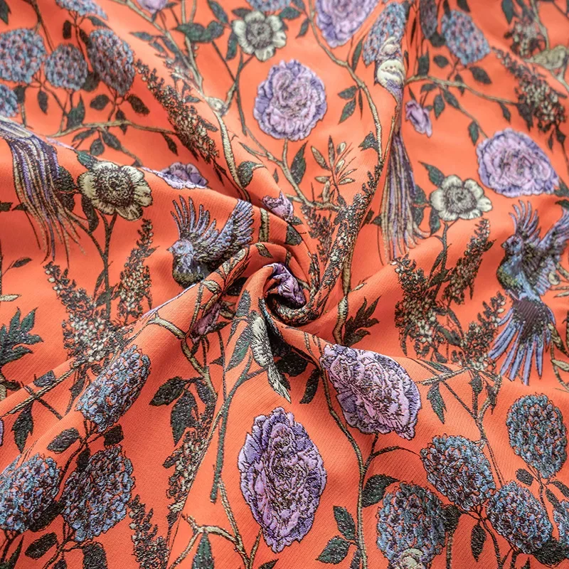 

Flower Bird Bright Orange Yarn Dyed Jacquard Fabric Oil Painting Style Women's Floral Dress Diy Sewing Fabric