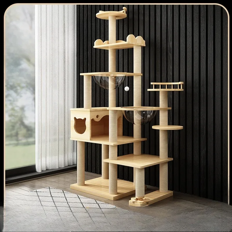 Wooden Cat Tree Tower Cats Hiding House Scratching Post Strong Bearing Capacity Pet Scratchers Scrapers Accessories