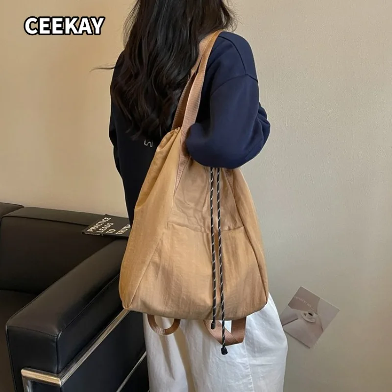 CEEKAY Minimal Nylon Dual-use Shoulder Tote Bag Drawstring Closure Front Pocket Girls Fresh Oversized Daily School Commute Purse