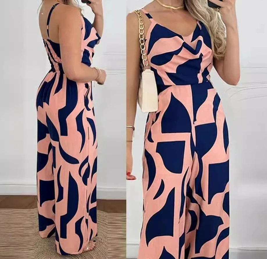 

Women's Jumpsuit Summer Fashion Print Temperament Commuting Elegant Overalls Sleeveless V-neck Open Back Wide Leg Jumpsuits