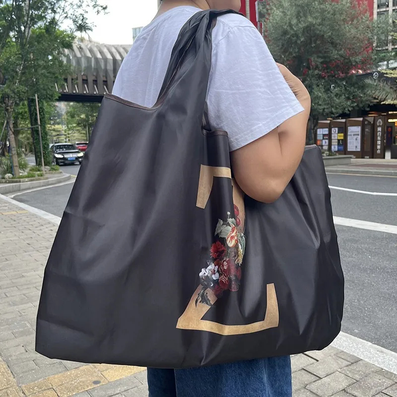 Oversized Solid Color Supermarket Foldable Large Capacity Cloth Tote Bag, Letter Position Printing Foldable Shopping Bag, Nylon