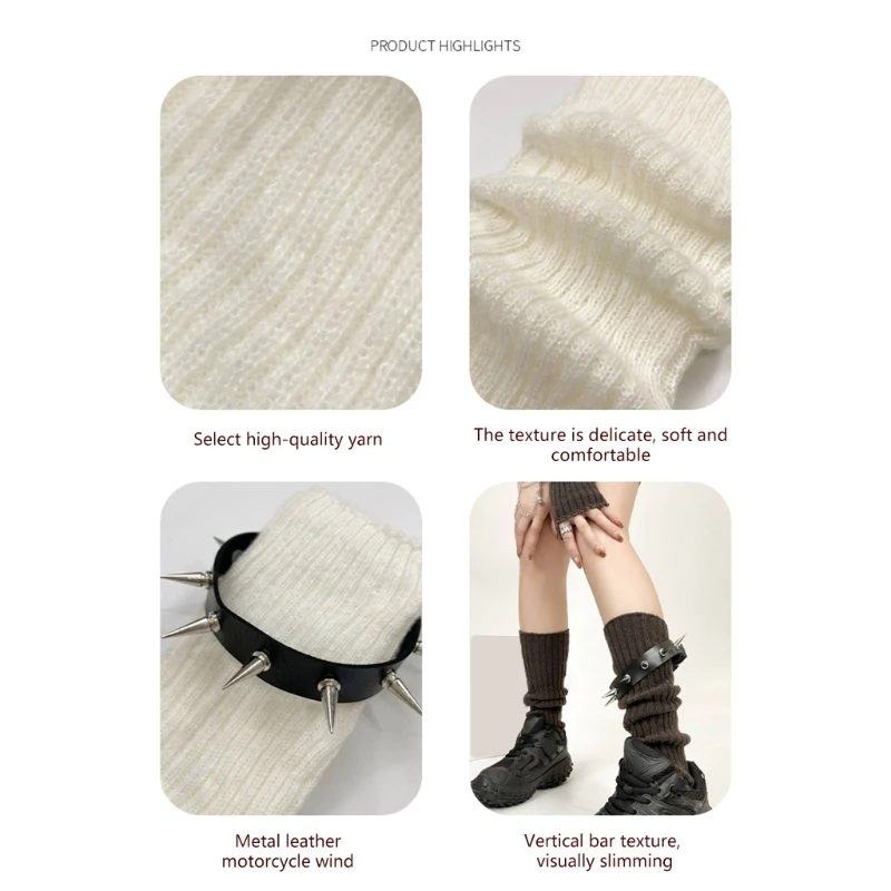 Aesthetic Punk Ribbed Knitted Leg Warmers for Women Girls Scrunch Boot Covers with Spikes Rivets Leather Belt Long Socks