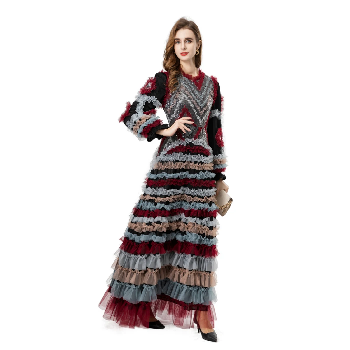 Stunning Multicolor Sequin & Ruffle Trimmed O Neck Long Sleeve Maxi Dress with Multi -Tiered Tulle Skirt Party Prom Gown Vestido