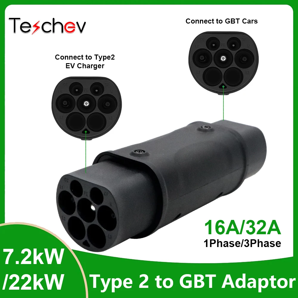 Tesev Adaptor pengisi daya GBT ke tipe 2 EV, Adaptor konverter pengisi daya standar IEC 62196 ke GB China EV 16A 32A untuk pengisian daya EVSE