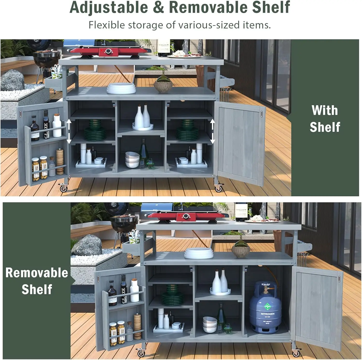 Isola da cucina per esterni, carrello e armadietti con barra avvolgibile, piano in acciaio inossidabile, portaspezie, portasciugamani da cucina e barbecue