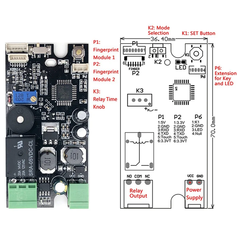 

AS95-2X K215+R503 Normally Open Relay Self-Locking Fingerprint Control Board For Motorcycle Car Door Lock Access Control