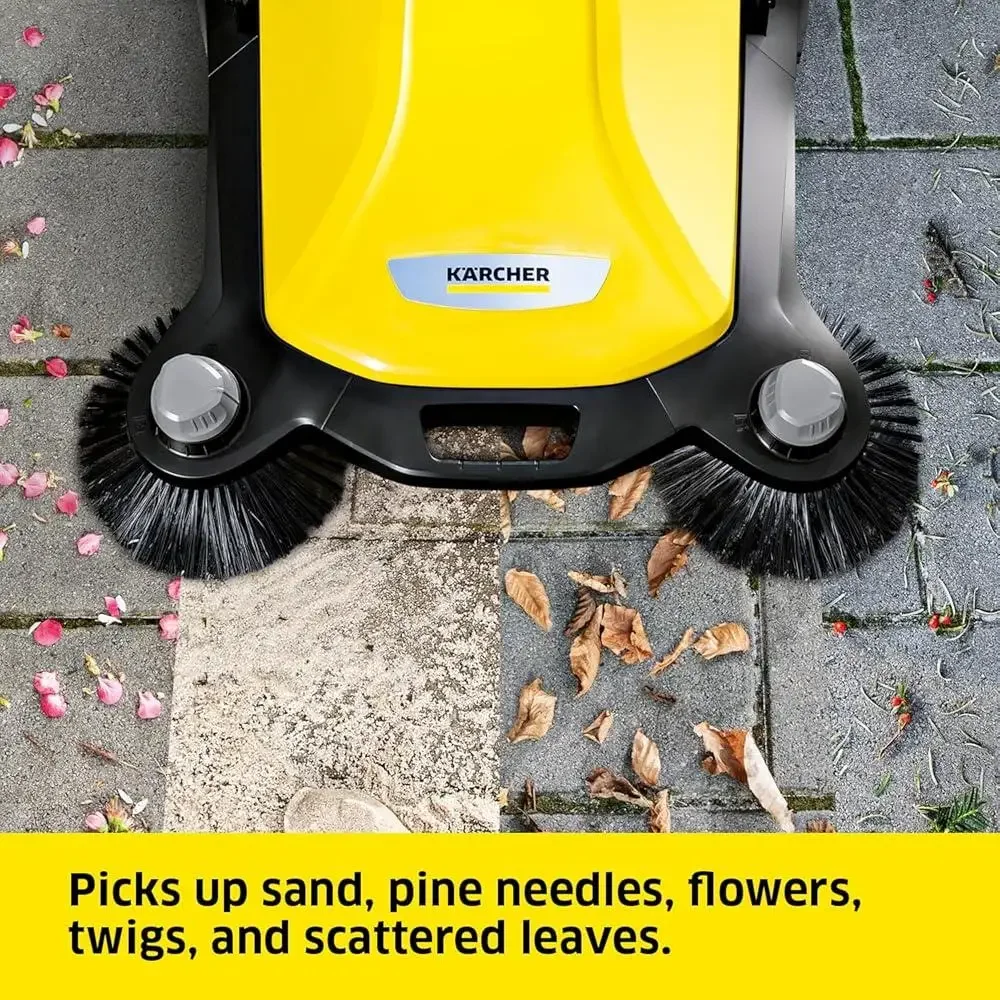 S6 Twin Push Sweeper Human Powered Outdoor Cleaning 10 Gallon Waste Container 33.9in Sweeping Width 32300 Sq Ft Per Hour