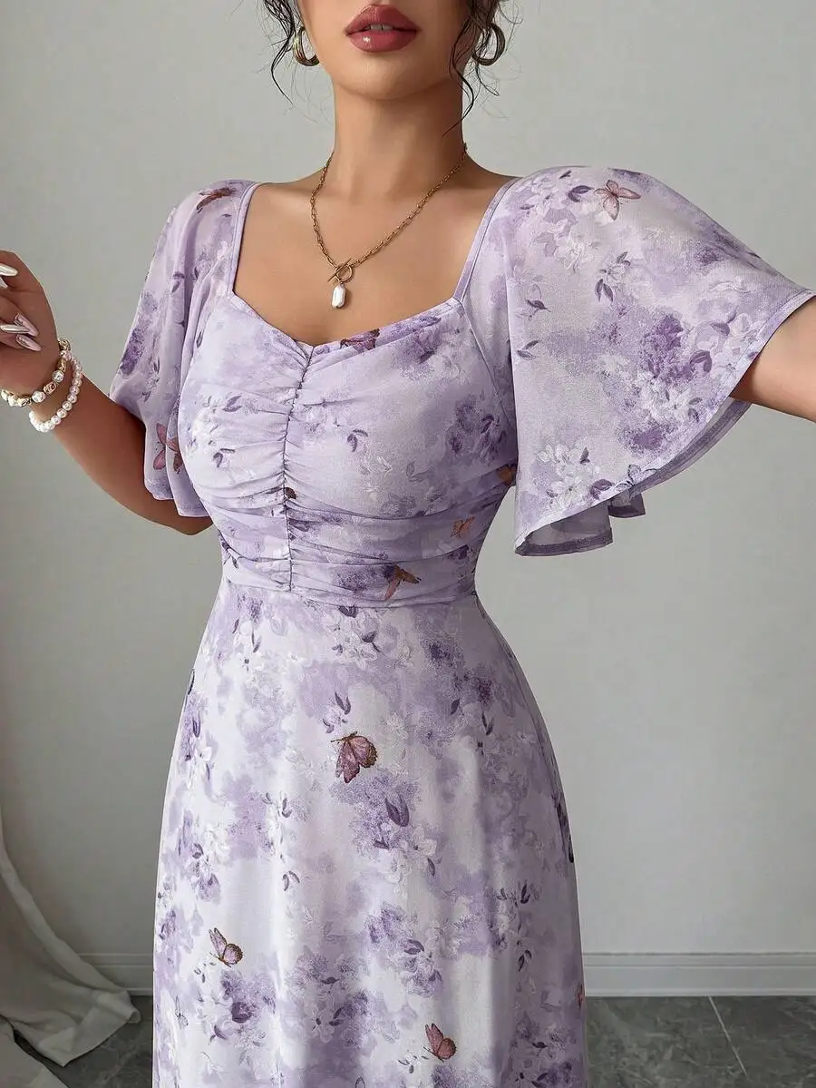 Women's Sweet French Style Mini Dress With Purple Butterfly Print, Batwing Sleeves & Back Zipper view 5