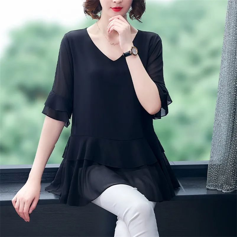 Frauen V-Ausschnitt halbe Ärmel Chiffon Blusen & Hemden Dame elegante Rüschen weiche schlanke Tops weibliche Korea Stil Tops 10 Farben