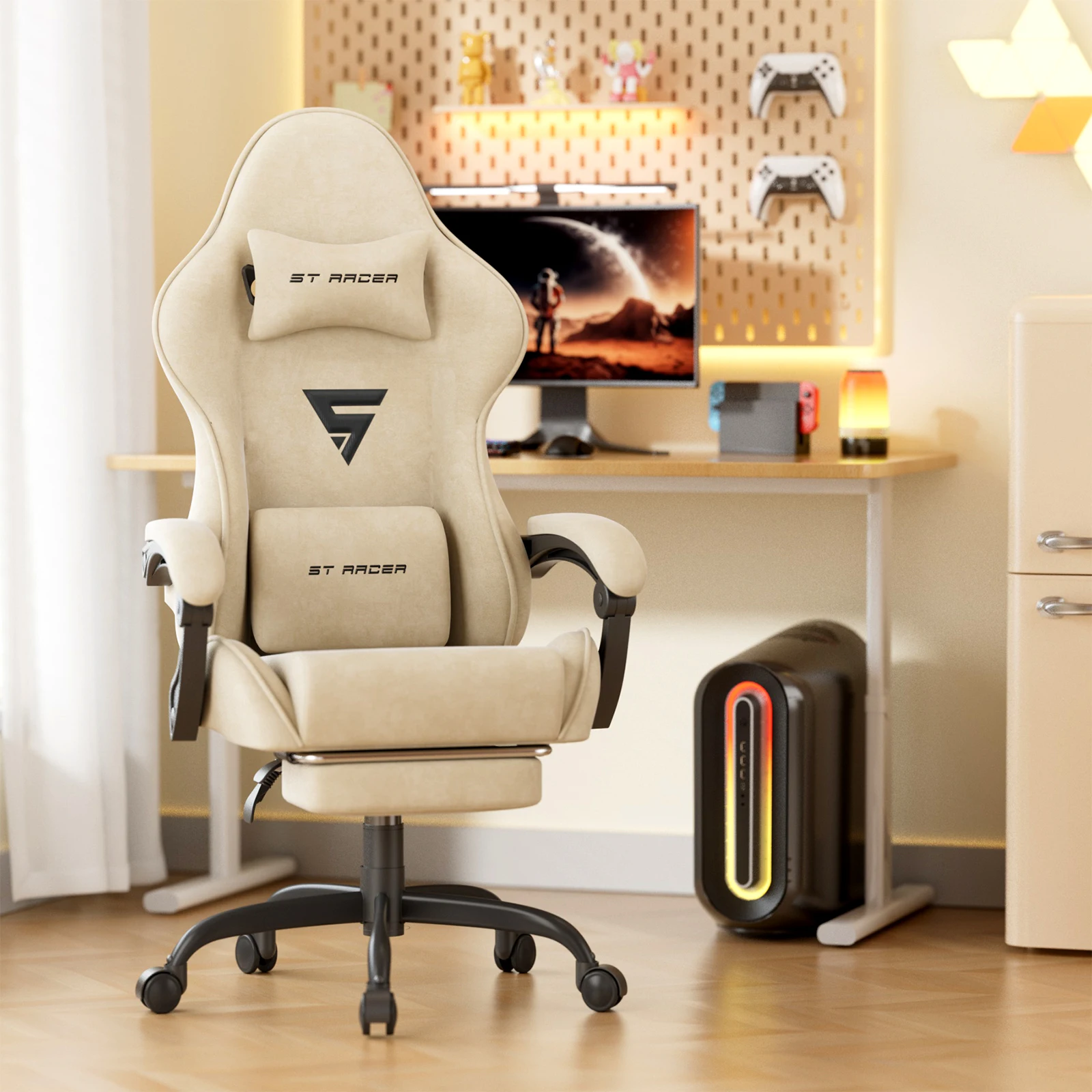 Chaise de jeu Soontrans, chaise de jeu ergonomique avec coussin lombaire massant, fauteuil de jeu, dossier réglable avec repose-pieds