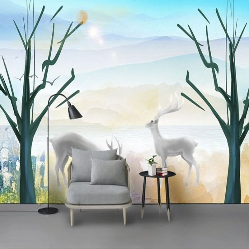 Dreamlike Fairyland Mountains Forests Deer Clear And Natural Scenery Luxurious Home Living Room Decoration Picture Papel Mural
