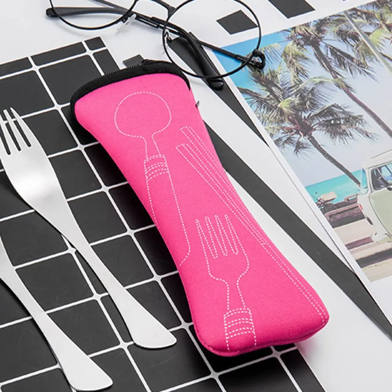 1PC Tableware Bag Fabic Portable Dinner Set Travel Picnic Fork Packaging Outdoor Camping Kitchen Home Storage Bags(only Bag)