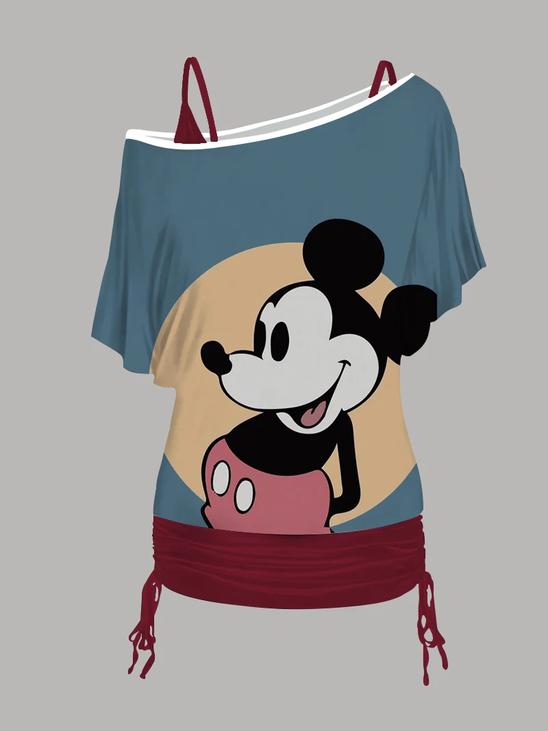 Disney-Conjunto de camiseta e mini saia feminina manga de um ombro, blusa gola redonda, Mickey Minnie Mouse, roupas femininas sexy, conjunto de 2 peças