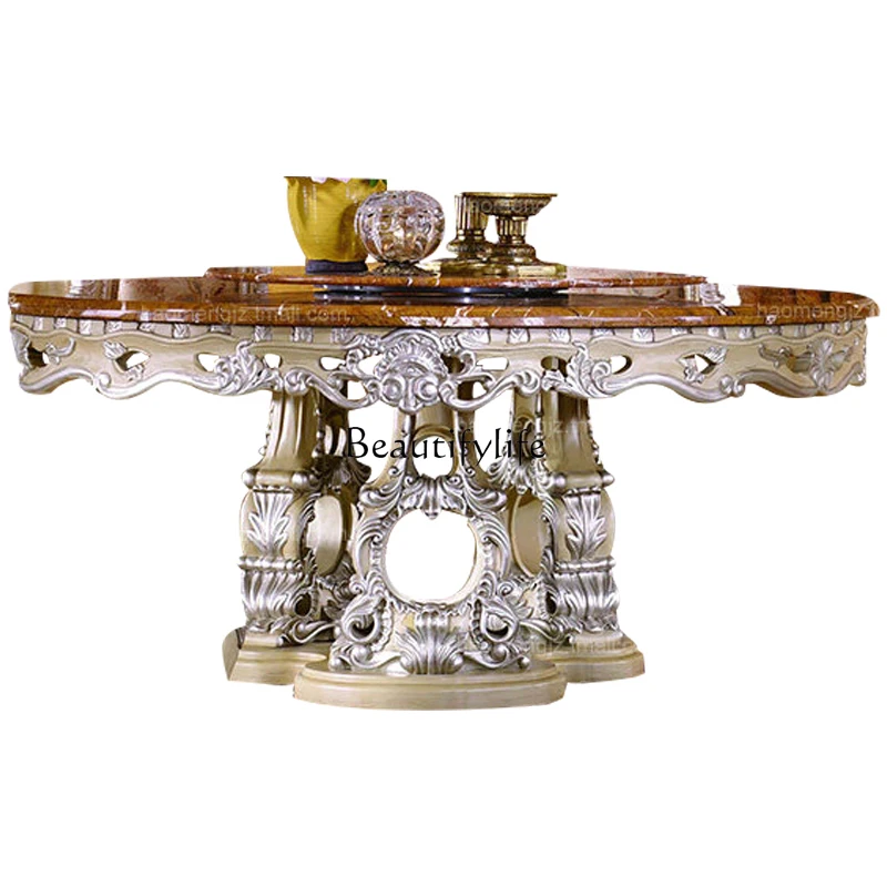 European solid wood marble dining table, American silver painted old with carousel table