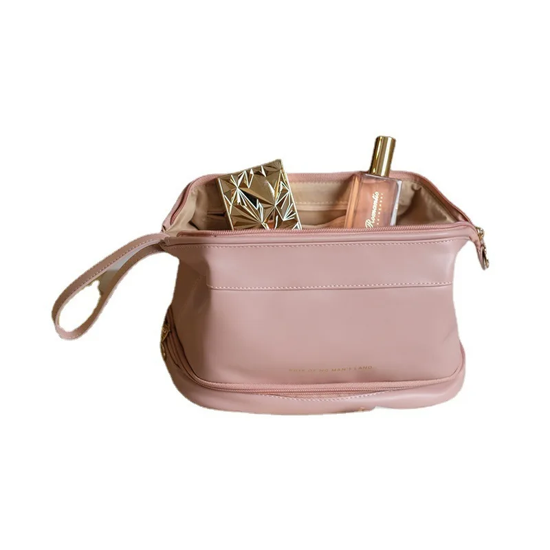 Multifunctional Makeup Bag For Women PU Leather Large Capacity Portable Double Zipper Travel Makeup Brush Toiletries Storage Bag