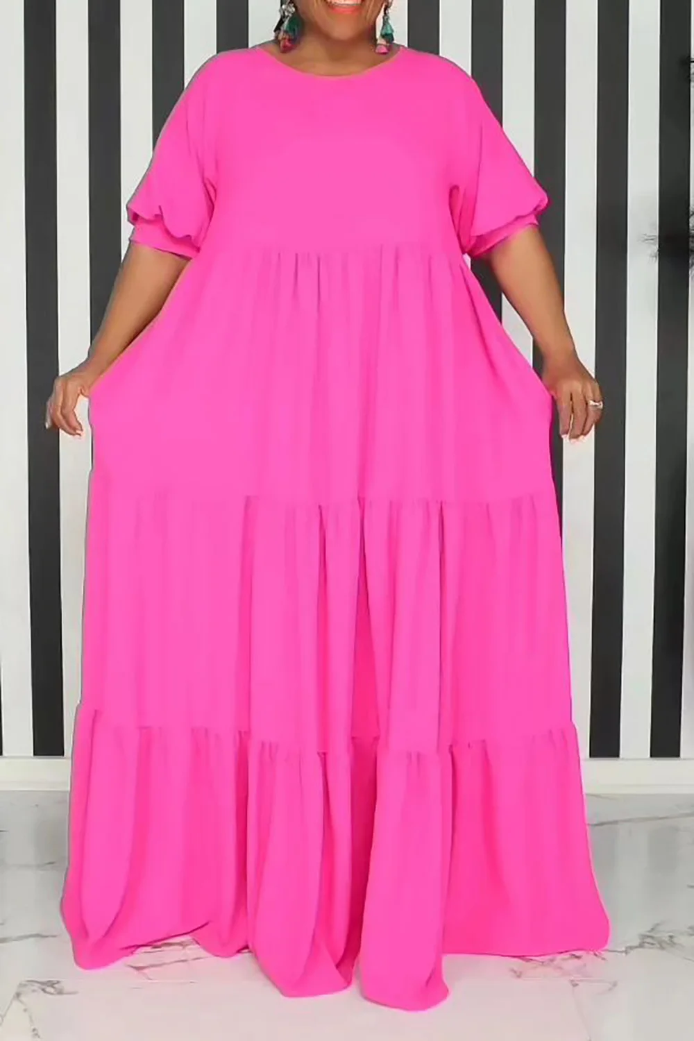 

Plus Size Vacation Dress Hot Pink Round Neck Short Sleeve Loose Maxi Dress