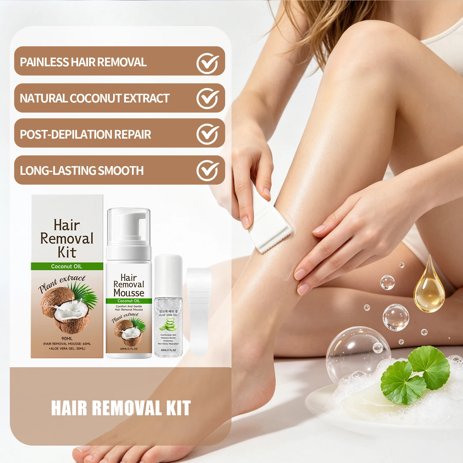 Hair Removal Mousse Kit Plant Extract For Sensitive Skin Smooth Legs Aloe Aftercare Gel Gentle Depilatory Spray With Coconut Oil