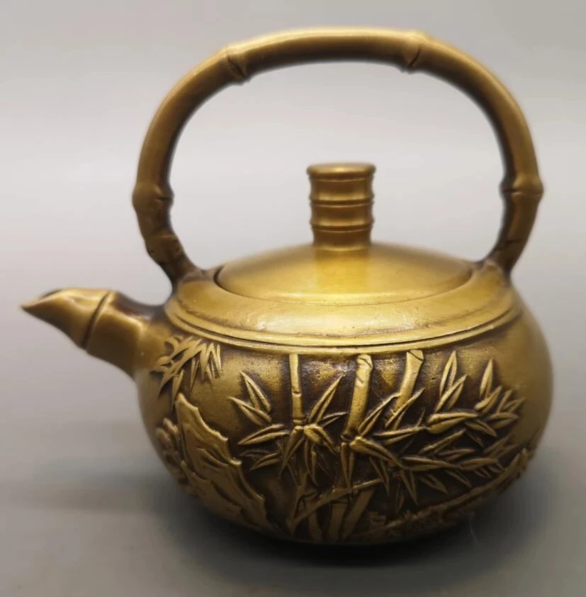 

China brass archaize bamboo teapot crafts statue