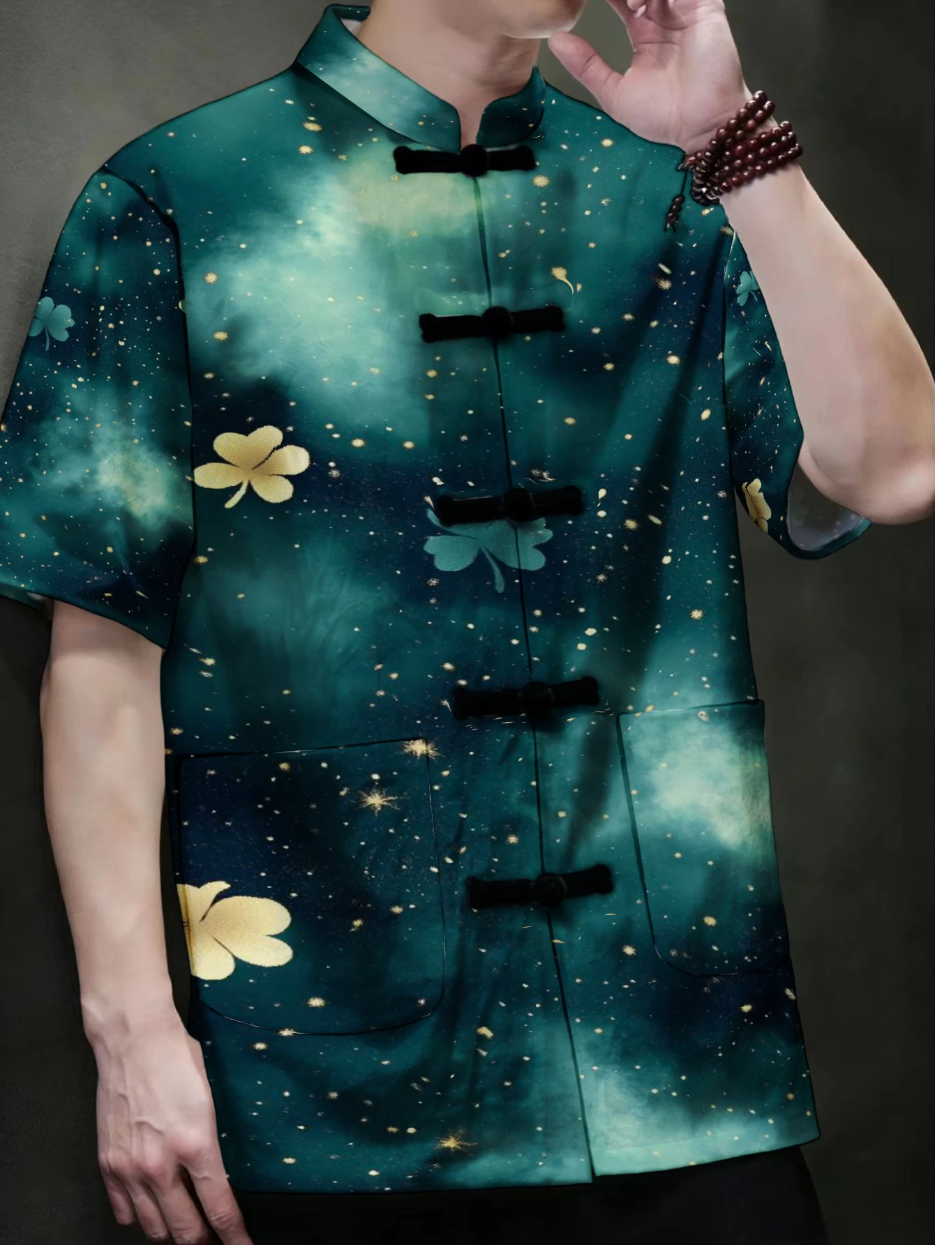 Men Traditional Chinese Tang Suit Short Sleeve Shirt Frog Button Stand Collar Firework Clover Floral Galaxy Print Loose Casual