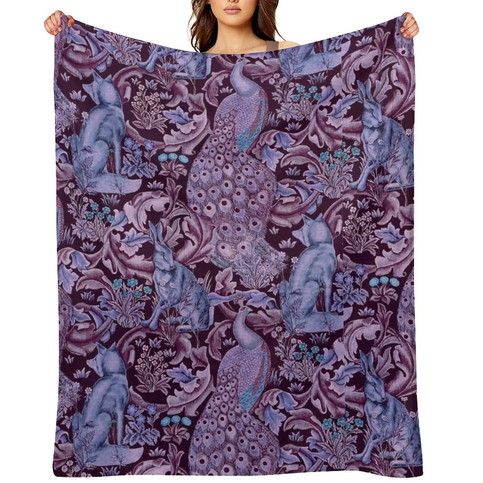 

FOREST ANIMALS ,PEACOCKS, FOX AND HARE IN BLUE PURPLE LEAVES FLORAL PATTERN Throw Blanket Plaid Giant Sofa Blankets