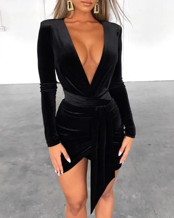 

Sexy Dresses for Women 2024 Spring Deep V Neck Long Sleeve Plunge Ruched Velvet Asymmetrical High Waist Skinny Mini Party Dress