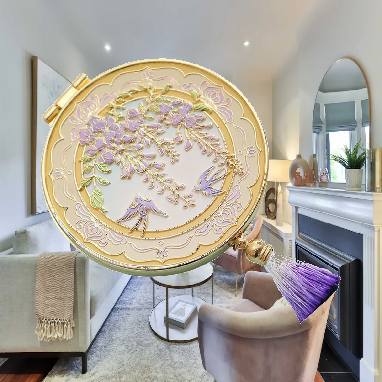 Folding Round Vanity Makeup Mirror with Relief Pattern Mini Pocket Cosmetic Mirror for Travel Holiday Gift