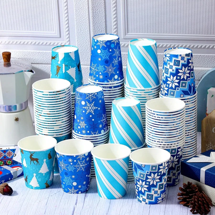

200 Pcs Christmas Paper Cups 9 oz with Snowflake Design for Hot and Cold Beverages Disposable Drinkware for Christmas Parties H