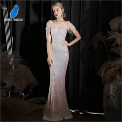 DEERVEADO Women Off Shoulder Beading Party Maxi Dress Elegant Sequins Evening Dress Long Mermaid Prom Dress