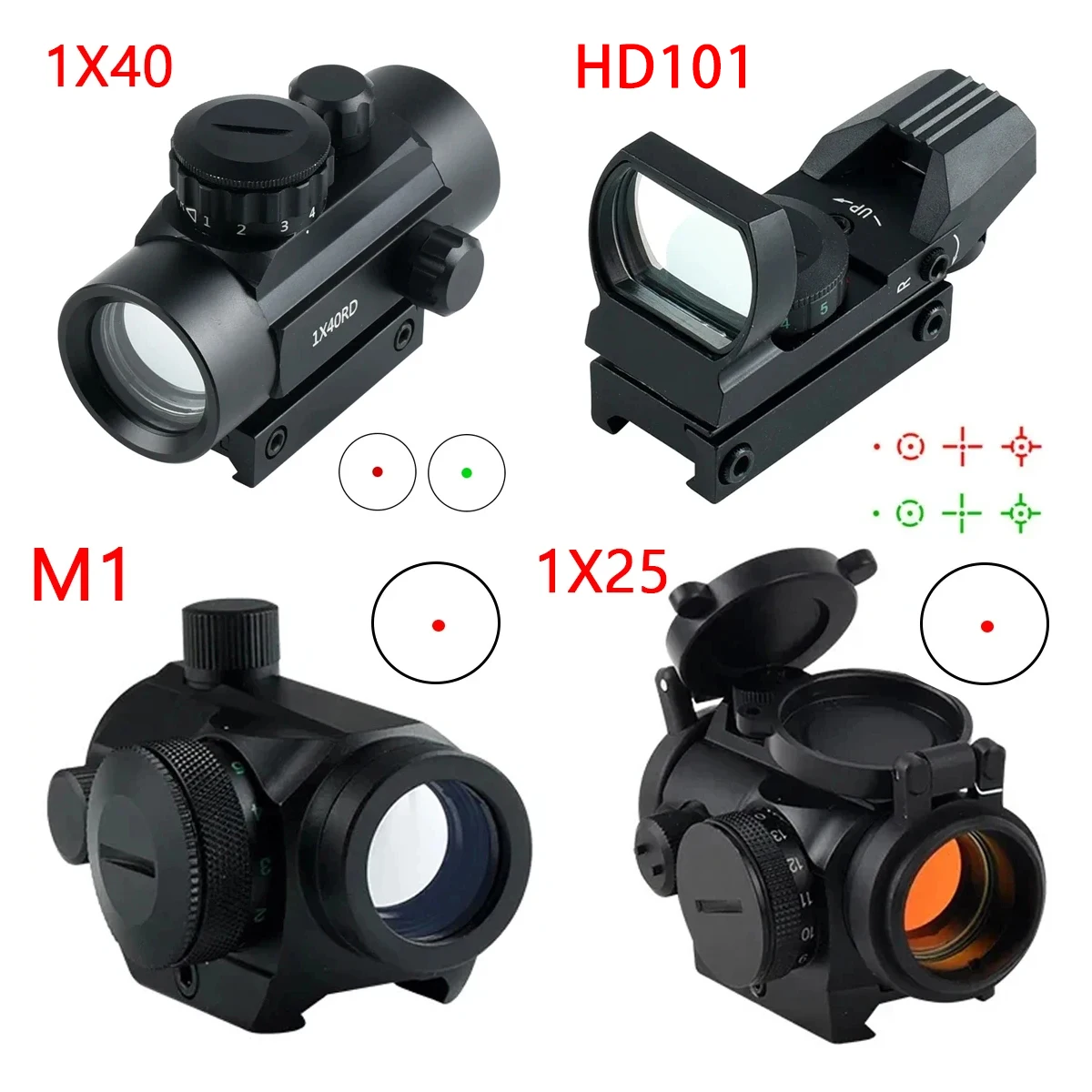 HD101 1X40 Red Dot Sight Hunting 4 Reticle Optics ON & Off Switch Tactical Rifle Scope Optical Reflex Sight Airsoft Accessory