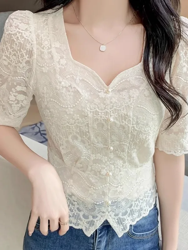 

Новая женская шифоновая блузка с квадратным вырезом и кружевом, летняя коллекция 2025, высокое качество, корейская версия, размер S