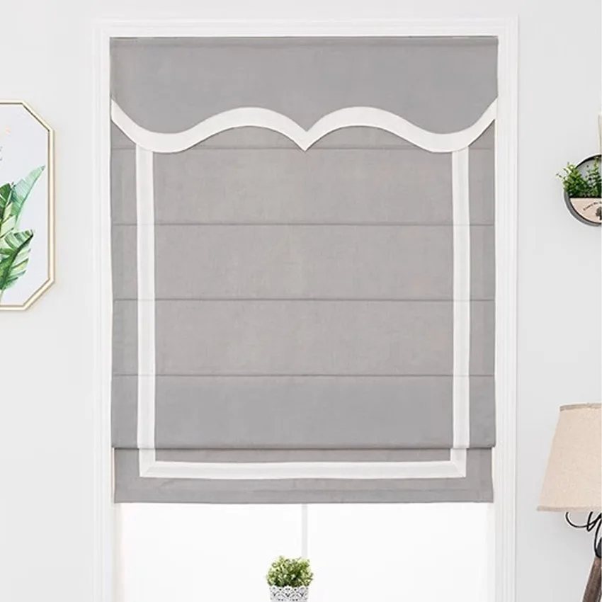 

Modern Solid Grey Color With White Border Trims Customized Flat Roman Blinds With Heading Window Shades For Living Room