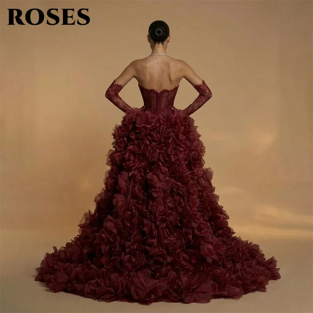 ROSES Burgundy Prom Dress Strapless Celebrity Dress A Line Zipper Back Evening Dresses High Low Train Formal Gown Customized