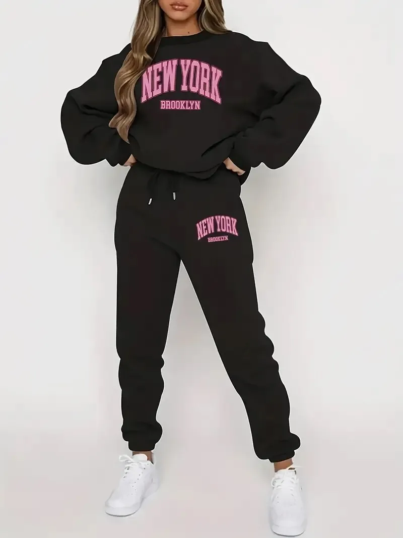 2 casual sports suits, New York letter pattern long-sleeved crew neck sweatshirt and jogging pants suit, women's sports wear