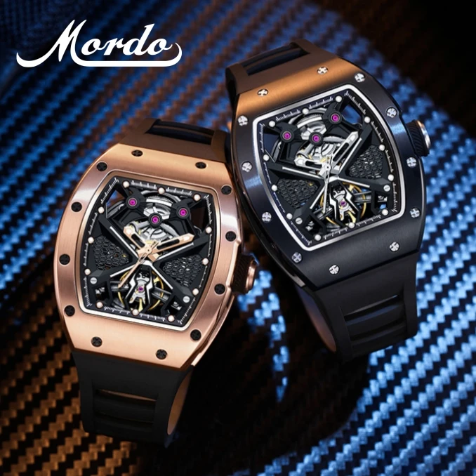 MORDO JC-9-190G-5 Steel Case Luxury Hollow Dial Automatic Watches 30M Waterproof Luminous Silicone Strap Men Mechanical Watch