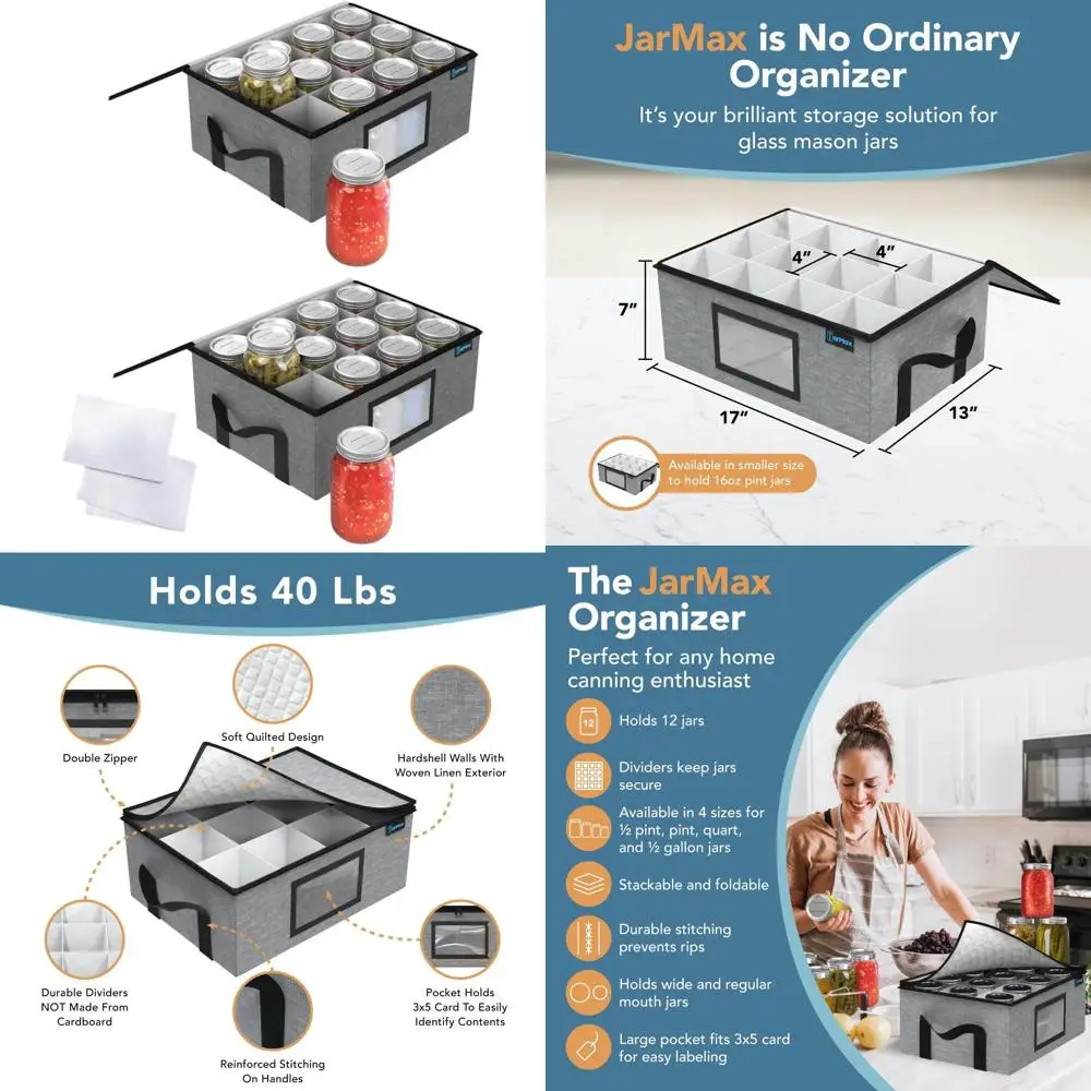 

Sturdy 32 oz Quart Mason Jar Rack, Holds 12 Quart Jars, Stackable Storage with Lid and Label Holder
