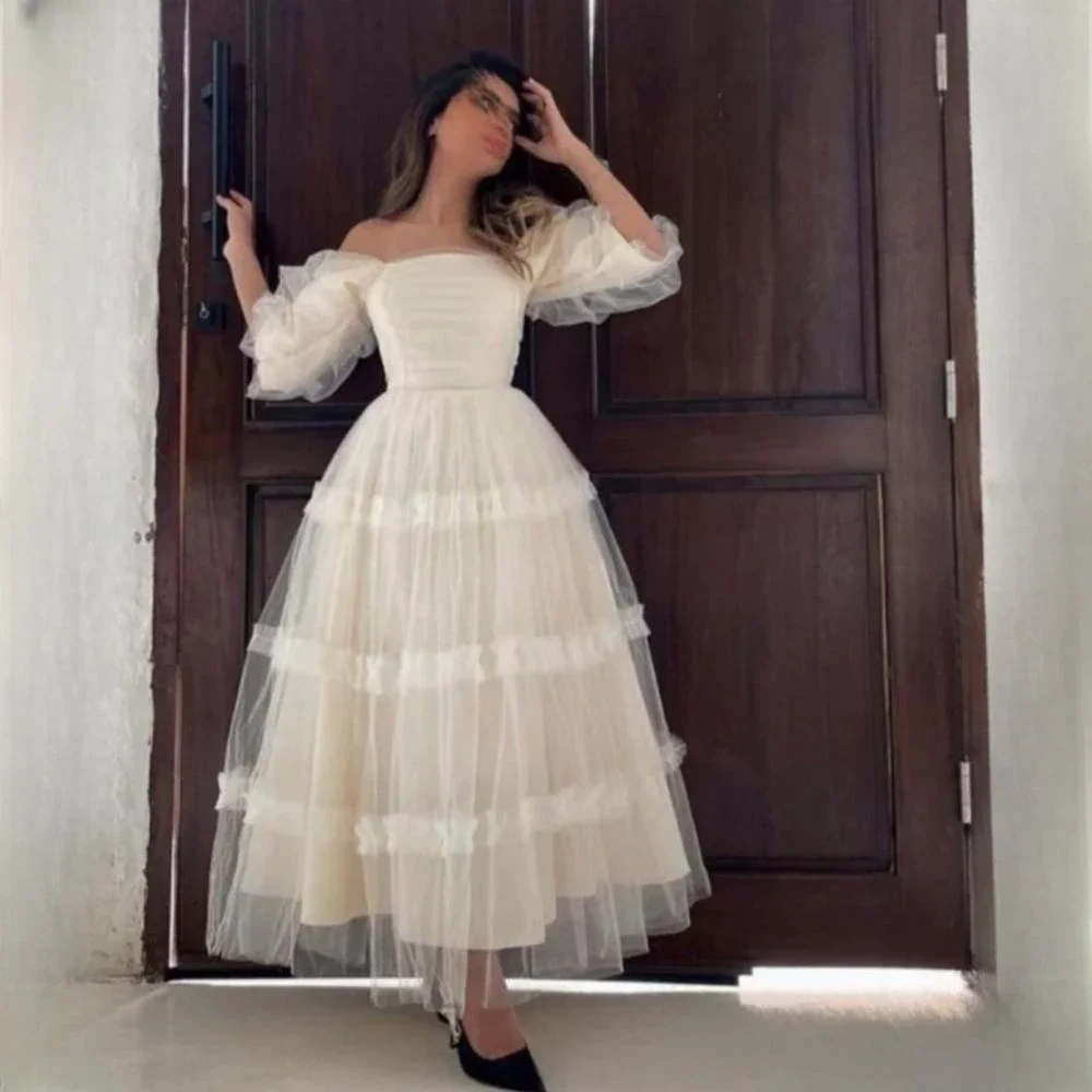 

Customized Prom Dress Elegant Off Shoulder A-line Graduation Dresses Ankle-Length Half Sleeve Organza Formal Evening Gowns 이브닝드