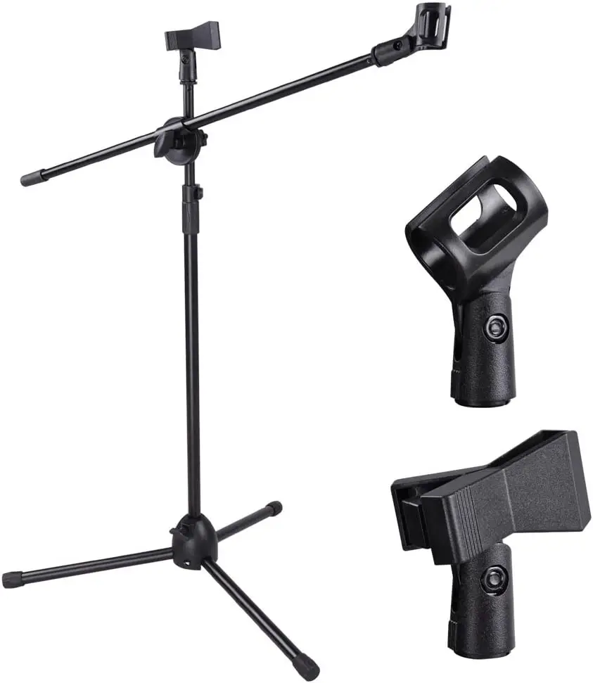 

Adjustable Height Microphone Stand Dual Microphone Clip 90 Degree Swivel Folding Boom Arm Tripod for Live Streaming