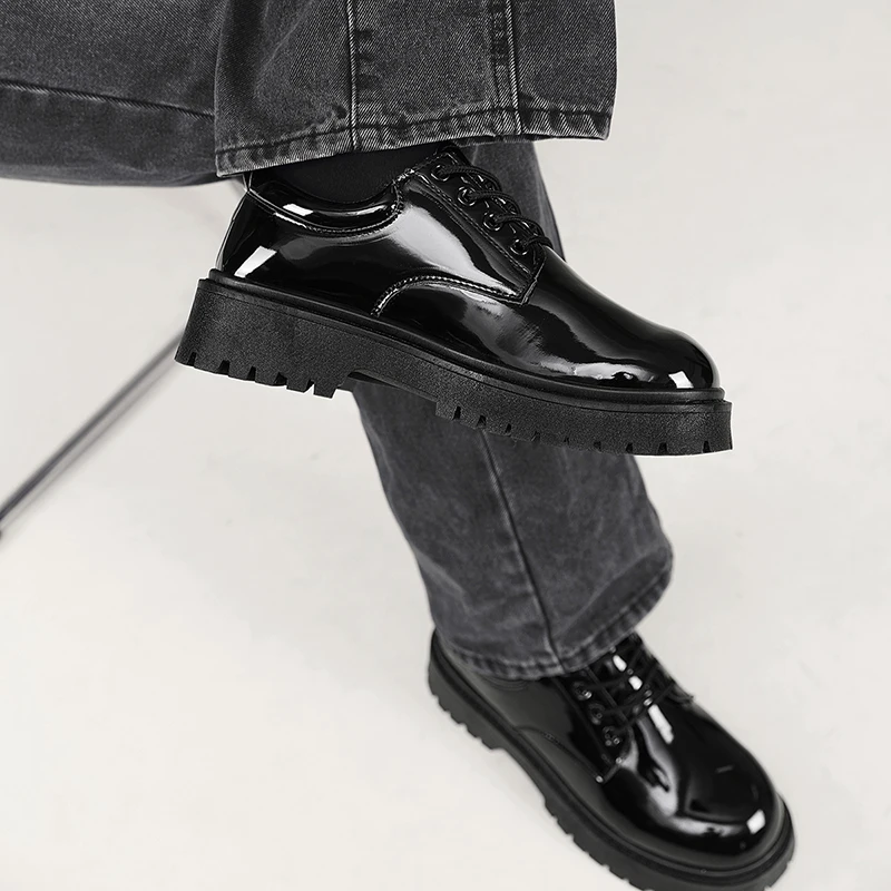 Schwarze Herren-Freizeitschuhe aus Lackleder, Plateau-Schnürschuhe, Business-Schuhe, Büro-Arbeitsschuhe, Party-, Hochzeits- und formelle Schuhe – Detail 14