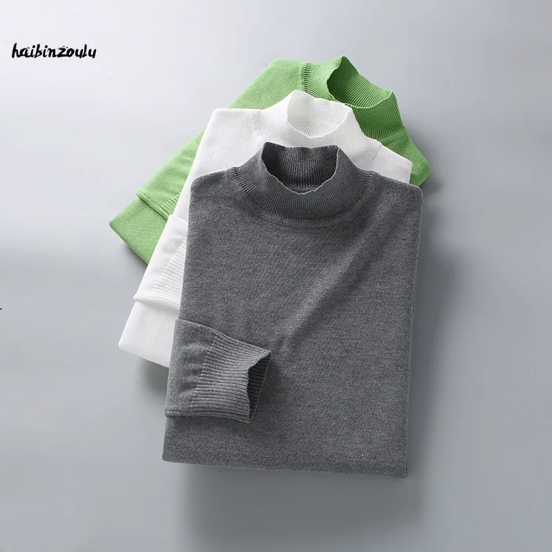 Men's New Half Turtleneck Sweater Autumn and Winter Mock Neck Pullover Thin Wool Knitwear