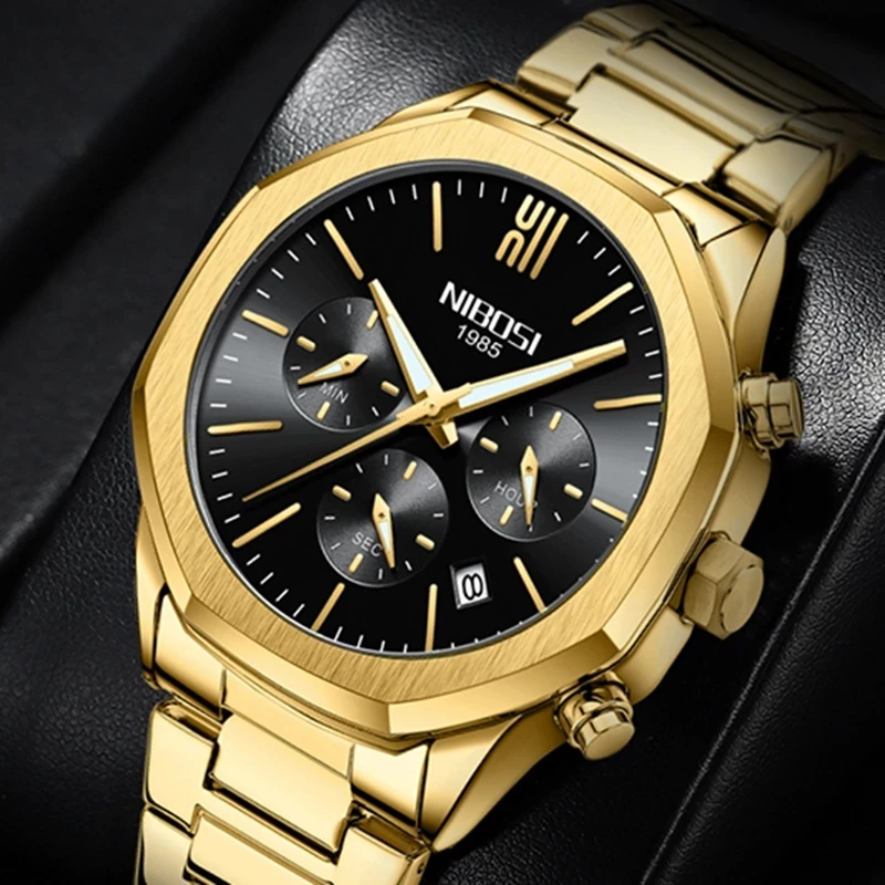 

NIBOSI Multifunctional Chronograph Quartz Watch Brand Classic Three Eyes Dial Design Fashion Men Watch Luxury Gold Strap Reloj