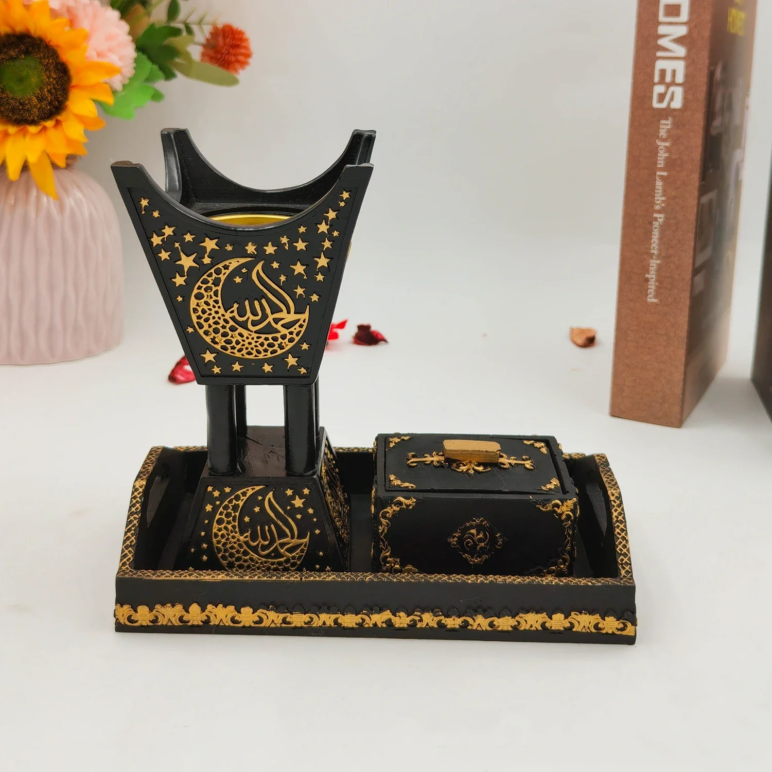 2023 New resin Four corner charcoal stove Three-piece incense burner set Tray, spice box Premium business gifts Resin