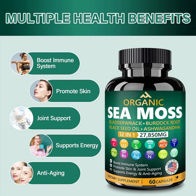 

Organic Seaweed Capsules 27850mg for Immune System, Skin, Energy Support -60 Capsules