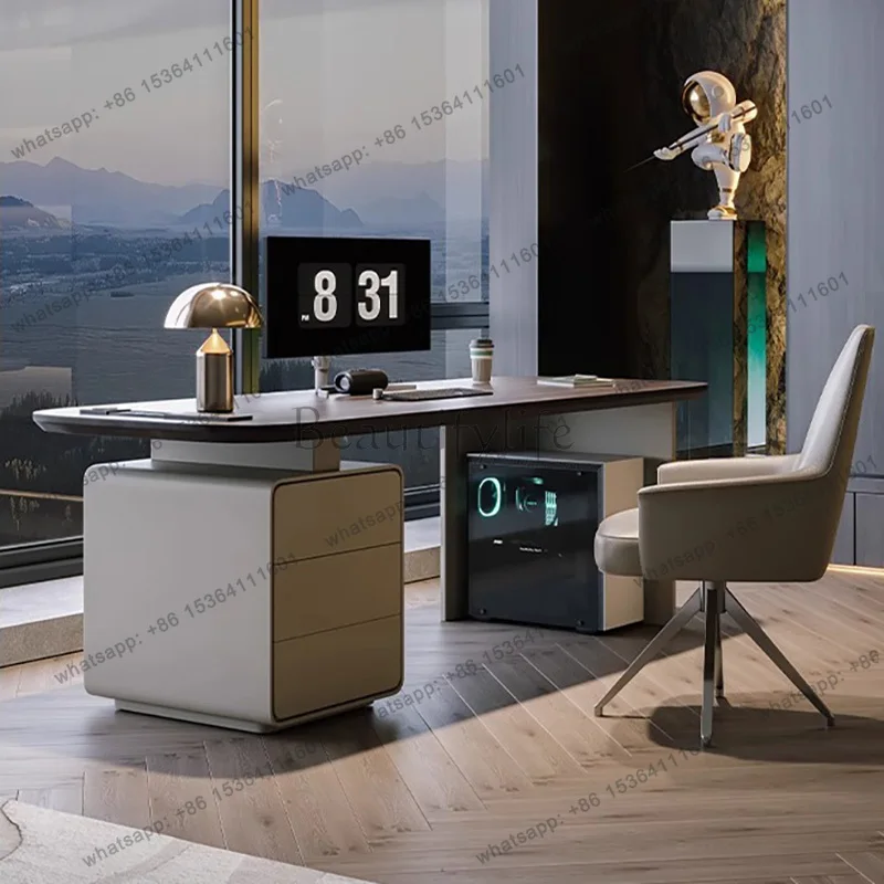 Wooden Rounded Corner Desk with Drawer Storage Cabinet,Contemporary Writing Table for Home Office