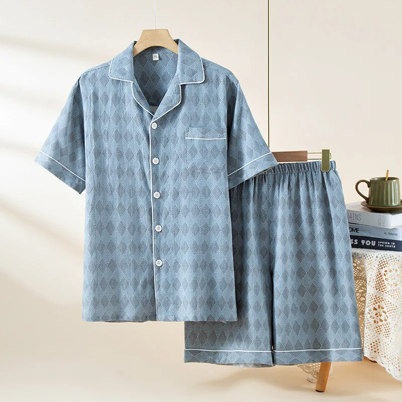 طقم بيجامة رجالي صيفي جديد لعام 2026 سترة قطنية 100% قطن بأكمام قصيرة طقم مكون من قطعتين ملابس منزلية واسعة غير رسمية فضفاضة