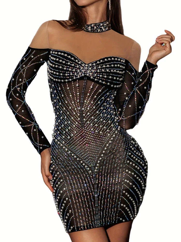 

Glamorous Black Rhinestone Embellished Mesh Mini Dress – Off-Shoulder Long Sleeve Bodycon Celebrity Party Dress