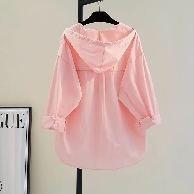 Woman New Pink Hooded Pure Cotton Shirt Thin Coat Summer Single Pocket Casual Sunscreen Shirt Cardigan Versatile Blouse Q751