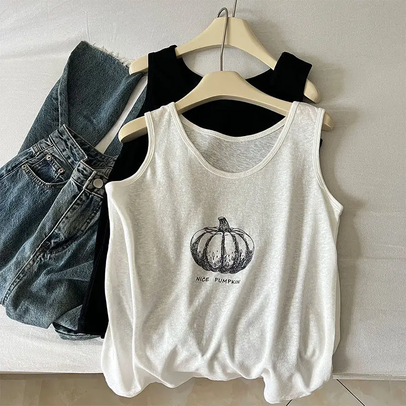 Linen Cotton Vest Women Summer Lightweight Breathable Comfortable Bamboo Pumpkin Print Outerwear Loose Casual Camisole Top