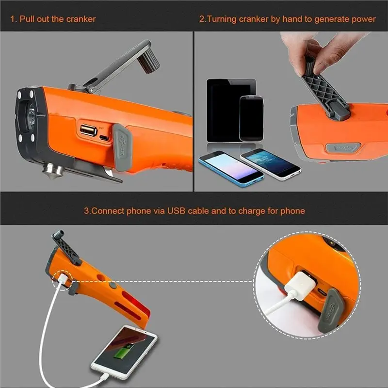Emergency Car Tool Multifunctional:Portable Flashlight, Safety Hammer, Hand-Crank Power Bank For Vehicle Breakdowns