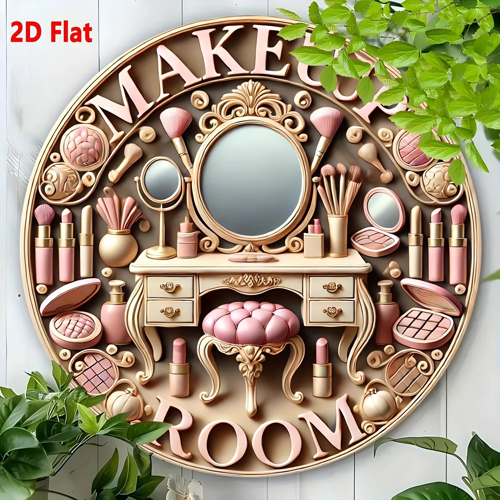 Makeup Room Vanity Cosmetic Pattern 2D Round Metal Tin Sign, Elegant Pink Iron Plaque, Bedroom Dressing Room Wall Hanging Home D